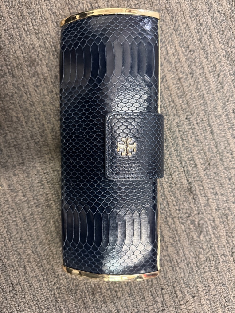 Tory Burch Navy Snake-Embossed Clutch with Gold Hardware